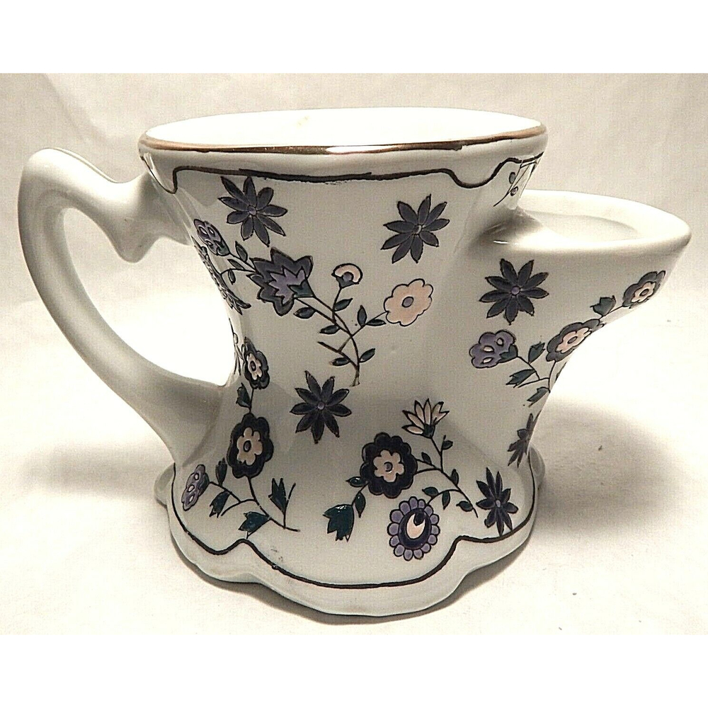 Pottery Shaving Scuttle Mug White with Blue Flowers Unbranded